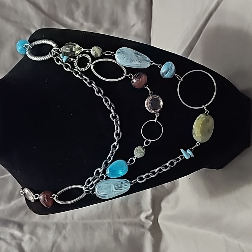 Necklace with 3 Tiers in Green, Turquoise, and Rust Beads.